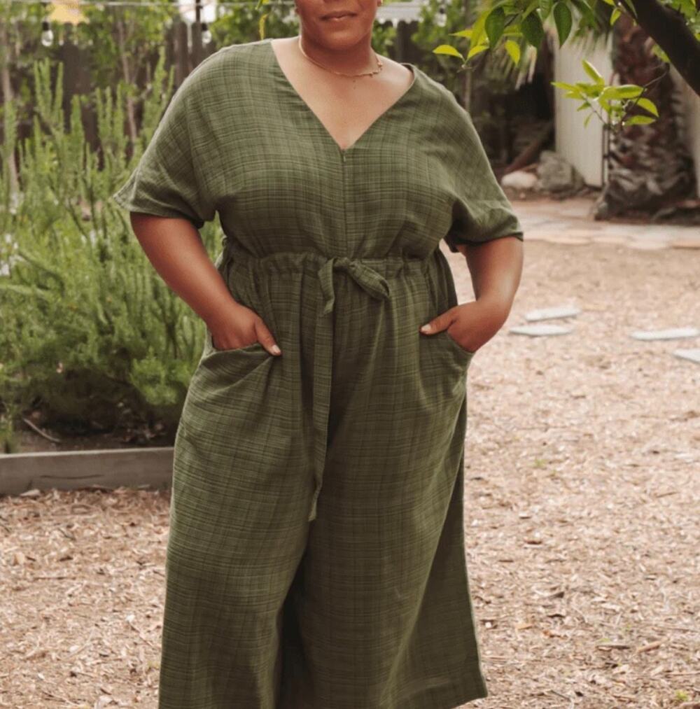 ODDBIRD Jumpsuit XL Divane Cotton Blend Dolman Sleeve Cinch Wide Crop Green NEW